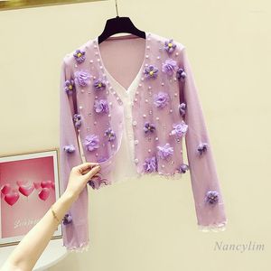 Tricots pour femmes doux à la main perles paillettes en trois dimensions fleur col en v tricoté cardigan femmes printemps automne pull manteau mode