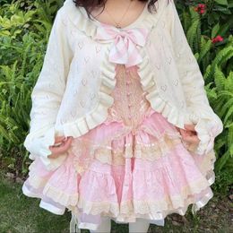 Cárdigan de punto lindo para mujer, cárdigan de punto dulce Kawaii suave para mujer, Tops japoneses de Color sólido JK con volantes y botones de manga larga, abrigo tipo suéter Lolita