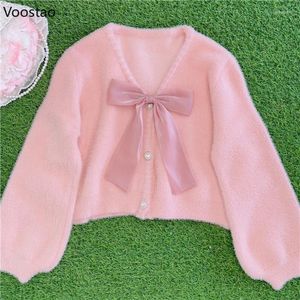 Damesbreien zoete lolita prinses gebreide vest vrouwen kawaii v-neck losse boog trui jas vrouwelijke casual imitatie nerts brearwear tops