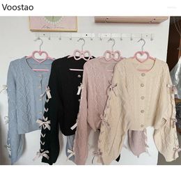 Tricots pour femmes Sweet Lolita Style Cardigan tricoté femmes Harajuku à manches longues ruban coeurs bouton pull manteau femme décontracté Y2k tricots