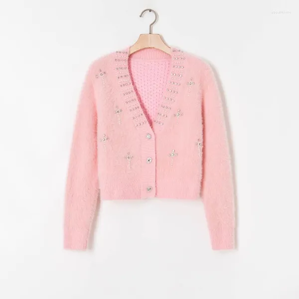 Cárdigan rosa dulce de punto para mujer, suéter de Cachemira de visón de manga corta con cuello en V de lujo para invierno 2023, abrigo de punto elegante para mujer