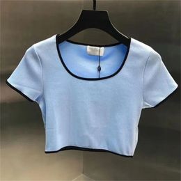 Gebreid T-shirt voor dames, voorkant, letter, klassieke korte blouse, crop-topmouwen, ronde kraag, poloshirt, katoen