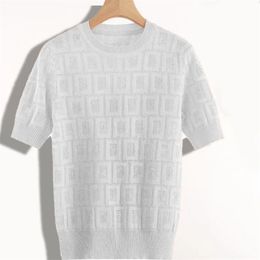 Damesgebreid T-shirt met korte mouwen, ronde nek, ijszijde, volledige letter, zomergebreide kleding