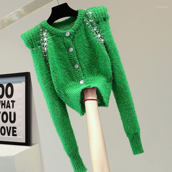 Femmes tricots gland diamant taille haute court couleur unie pull 2023 automne hiver vert tricots manteau évider à manches longues chandails haut