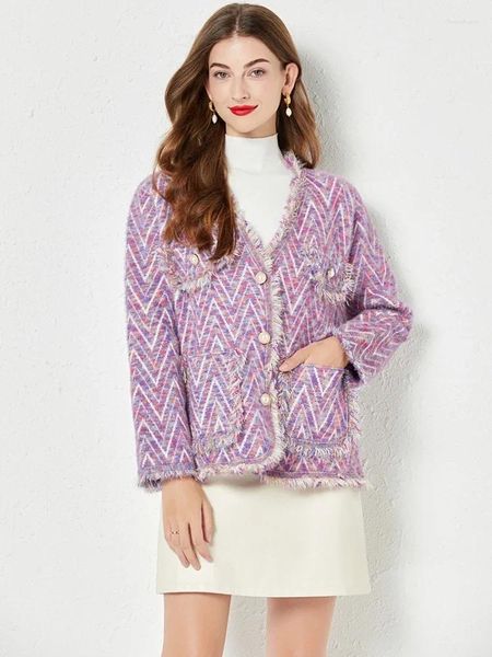 Cardigan tricoté en cachemire de vison Argyle pour femmes, tricot à franges, garnitures à franges, col en V, poches, pull épais et chaud, manteau