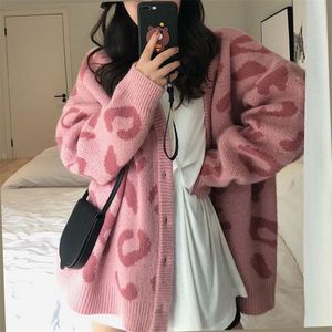 Dames sit tee tee casual truien Koreaanse mode veer roze luipaard v nek lange mouw vilans losse jas trekkracht femme sueters 220919