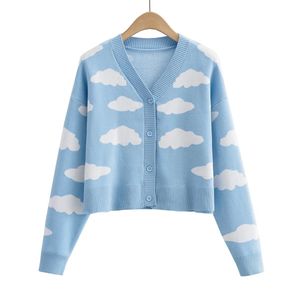 Tricots pour femmes T-shirts Nuages Cardigan Femmes À Manches Longues Bouton Up Crop Tricot Automne Hiver Doux Fille Esthétique Outfit 230308