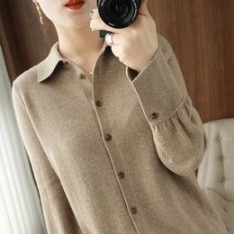 Women's Knits Tees 100% laine femmes Cardigan tricoté pull femme col Polo à manches longues veste automne lâche cachemire manteau grande taille haut S 231017