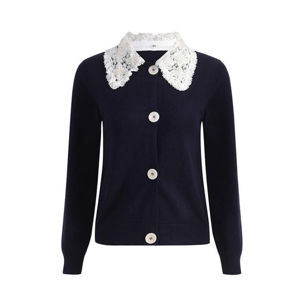 Femmes tricots t-shirts 2022 automne hiver bleu marine Kni noël femmes pull Cardigan piste luxe perle dentelle poupée col manteau Outwear Clo