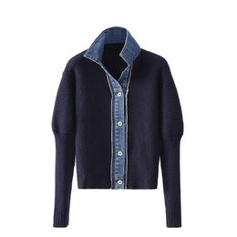 Damesbreien T -stukken 2023 herfstvrouwen losse veelzijdige veelzijdige lange mouw patchwork denim top gebreide vest trui met lange mouwen