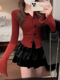 Женские трикотажные футболки 2023, весенний красный вязаный кардиган, женский тонкий свитер с длинным рукавом, офисная женская верхняя одежда, укороченные топы Y2k, женская корейская модная одежда 231213