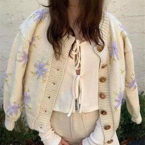 Damesbreien T -stukken 2023 Sweaters voor vrouwen oranje zoete bloemen vest winter schattig vesten boho -stijl lange mouw borduurbanden kn