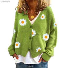 Damesbreien T Tees 2023 Women Daisy Flower Cropted Cardigan Ladies Cotton Knit V Neck Sweater Open Front Jumper Cardigan For Women HKD230821