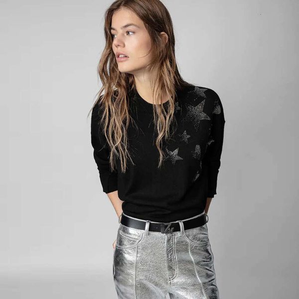 Camisetas de punto para mujer 23AW Zadig Voltaire estrella amor perforación en caliente suéter de cachemira negro suéter de mujer