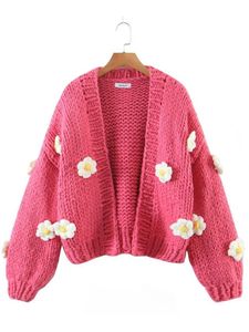 Femmes tricots t-shirts adhérent 2022 automne femmes tricot Cardigan Y2K doux Crochet fleurs gros chandails col en V femme décontracté veste femmes '