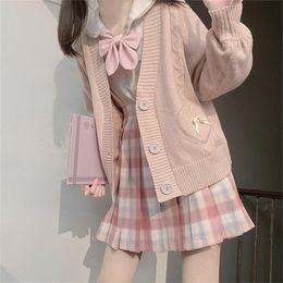 Tricots pour femmes T-shirts Anbenser Printemps Japon Kawaii Mode Rose Cardigan Femmes Vintage Crop Pull Tricoté Mignon Arc Coeur Coréen JK Manteau D'école 220914