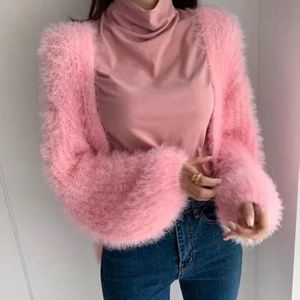 Camisetas de punto para mujer, chaqueta de punto de otoño e invierno, versión coreana de cárdigan de felpa, suéter de temperamento de moda con mangas abullonadas