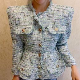 Tricots pour femmes T-shirts Automne Mode Femmes Veste en tweed avec épaulette Fleur Bourgeon Ourlet Costume Lady Chic Manteau Manteaux à carreaux à simple boutonnage 221007