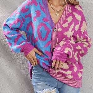 Damesbreien T Tees Autumn Winter Roze Leopard Print Cardigan gebreide trui V-hals vrouwelijke losse knoopjas warm voor 220916