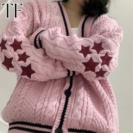 Women's Knits Tees Autumn Women Star Embroidered Cardigan Y2k Pink Cardigans America Style Loose Knitted Sweater Tay Fashion Warm Womens Cardigans 230729