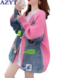 Cañas de tejido de mujer Ayt Denim Patchwork Sweater Cardigans Otoño Invierno Cardigan Femenino Femenino Sweater Sweater 230201