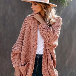 Damesbreien T -stukken batwing mouw boho gebreide vest zakken vakantie oversized winter jas draai los vintage lange vesten vrouwen 220916