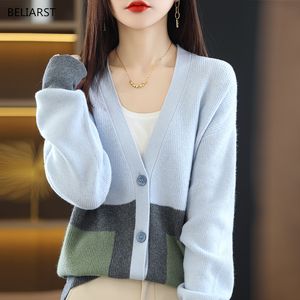 Damesbreien T Tees Beliiarst 100% Merino Wool Cardigan Women V-Neck Colorblock Tops Casual losse gebreide jas Autumn/Winter Cashmere Sweater 230302