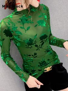T-shirts tricotés pour femmes Noir Vert Voir à travers T-shirt Floral Sexy Maille T-shirt Femme Col Roulé T-shirt Occasionnel Chemise Femme Mode Moulant Top S-3X T31523X 231011
