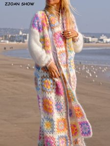 Femmes Tricots Tees BOHO Couleur Plaid Fleur Main Crochet Cardigan Vintage Femme O cou Couture Ouverte Long Pull Tricots Jumper 230919