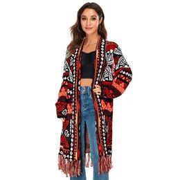 Damesbreien Tees Boho Brei Cardigans Vintage Jacquard Coat For Women Geometry Open voorkant kwellen kersttrui rode zigeuner wraps Abrigo Mujer 23032444