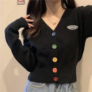 Damesbreien T -stukken Cardigan voor vrouwen met lange mouwen gebreide trui trui bijgesneden haak kawaii v nek Cardigans vrouw zwarte tops schattige trend 221123