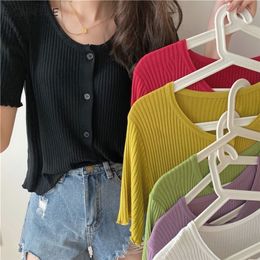 Femmes Tricots T-shirts Cardigan Femmes Lâche Diverses Couleurs Solide Vintage Cool D'été Mode Bouton Streetwear O-cou Harajuku Mujer Casual Rétro Ins 221006