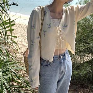 Tricots pour femmes Tees Cardigan Femmes Vintage Broderie Doux Simple Tendre Printemps Belle Laceup Bow Allmatch Protection Solaire Quotidien Chandails Tricotés 230308