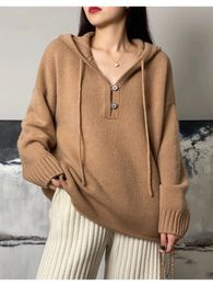 Damesbreien T -stukken Cashmere Sweater Fallwinter Ladies Vneck Hooded pullover 100 Pure Wool losse gebreide top vrouwelijke oversized jas verdikt 221007