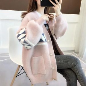 Tricots pour femmes Tees Chenille Imitation Vison Polaire Manteau Pull Gros MM Tricoté Cardigan Version Coréenne Lâche Et Paresseux Top Bouton Veste Rose 231027