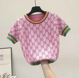 Camisetas de punto para mujer, camiseta colorida de manga corta con flores de Jacquard, suéter para mujer, camiseta de alta calidad, nueva de manga corta