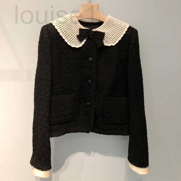 Femmes tricots t-shirts marque de créateur Miu noir court manteau crochet fleur poupée cou épais Tweed Cardigan ensemble petit haut hiver nouveau 40LX