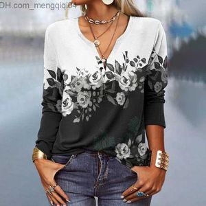 Dames Gebreid T-shirt Etnisch Boheems T-shirt Dames Lente en Herfst V-hals Casual Vintage Top met lange mouwen Grote knop Print Bloem Nieuw overhemd Z230717