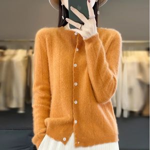 Cardigan à lisière fantaisie pour femme, pull en pure laine, classique, col rond, tricoté, manches longues, mode printemps et automne, haut d'extérieur 231213