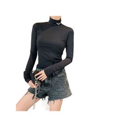 Camisetas de punto para mujer Camiseta de mujer de moda Diseñador de manga larga algodón de lujo elástico suave comodidad alto 2023 calidad de moda triángulo ajuste camisa inferior modal