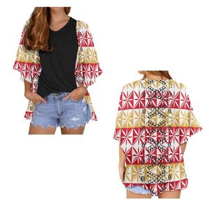 Damesbreien T Tees Fashionable Summer Cardigans Half Sleeve losse open front Cardigan Polynesische tribal Samoa Yellow Red Tapa Print Casual