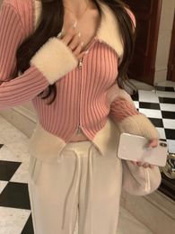 Damesbreien T Tees Faux Fur Knitted Sweater Dames Design Slim Elegant Zipper Pullover Office Lady Casual Y2K Crop Tops Koreaanse mode Winter 230203
