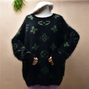 Damesbreien T -stukken Vrouwen vrouwen vallen Winterkleding Afdrukken Haarachtige angora konijn haar gebreide oneck lange mouwen losse pullover jumper trui 230821