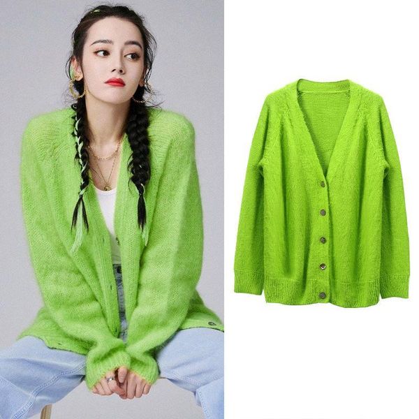 Cardigan surdimensionné en tricot vert Fluorescent pour femme, pull Mohair à col en V, veste ample, Streetwear, collection automne-hiver 2021