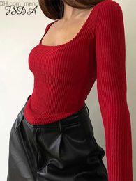 T-shirts en tricot pour femmes FSDA 2022 T-shirt à manches longues à encolure carrée rouge pour femmes Basic Tight Casual Automne Hiver Sexy Crop Top Street Apparel Y2K Ruffles Z230717