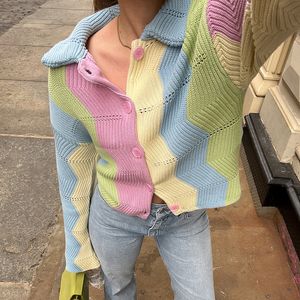 Femmes Tricots T-shirts FUFUCAILLM Couleur Bloc Cardigan Manteau Femmes Autunm Stripe Tricot À Manches Longues Revers Bouton Convient Chandails Chic Mode Crop Tops 230106