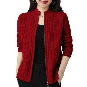 Tricot féminin Tees à moitié col haut zipper cardigan tricot veste femme style automne couleur solide cardigans à manches raglan épaissis