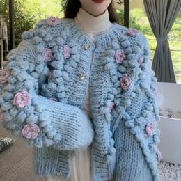Tricots pour femmes Tees Harajuku Crop Cardigans tricotés femmes 3D fleur pull manteau doux simple boutonnage tricots vestes coréen pull ample vêtements d'extérieur 230927