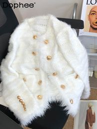 Casaco de tricô de pelúcia com borla para mulheres, malhas femininas, outono, inverno, manga comprida, suéter quente, botão de metal, cardigã, top 230718