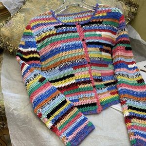 Women's Knits Tees High Quality Rainbow Striped Hand Knitwear Sweater Fall Cropped Single Breasted Knitted Cardigan Brand Luxury Vintage Coat 230620